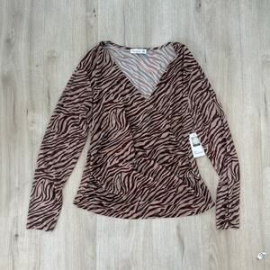 NWT 89th + Madison Brown Zebra Print Long Sleeve Wrap Top Rust Red Size Large